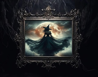 Witch walking in Flowy black dress, Full moon, Halloween Spooky Dark academia Fantasy Gothic Vintage painting print Witchy wall art poster