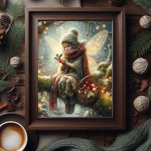 Op de afbeelding: Een fee met vleugels en een rode sjaal houdt een takje hulst met rode bessen vast. Ze zit op een tak met een mand vol rode en gouden ornamenten. De achtergrond is een besneeuwd bos met twinkelende lichtjes.