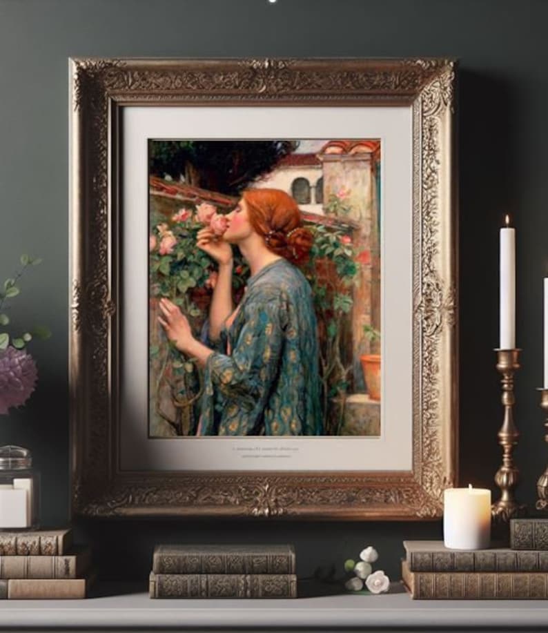 John William Waterhouse Rosens själ Romantik Kvinna som luktar rosblomma Trädgårdsmålning Väggkonst bild 4