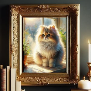 Pode incluir: Um gato branco e marrom, com pelo felpudo e olhos verdes, está sentado perto de uma janela em uma moldura dourada adornada. O gato está olhando diretamente para o espectador.
