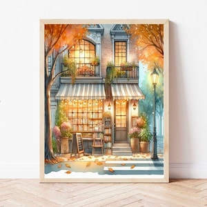 Gemütliche Herbst Buchhandlung Cottage Dorf Buch Shop Café Vintage Bücherwurm Bibliothek Leser Buch Liebhaber Geschenk Aquarell Malerei Kunst