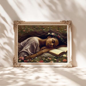 Sleeping Girl in flowers reading book, Vintage painting Fantasy Fairy tale Whimsical Fairycore Bookish Library Moody wall art picture print