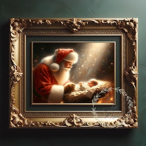 Niño Jesús en el pesebre, Papá Noel, Navidad, invierno, pintura, Natividad, temporada mágica, decoración navideña, pintura, arte de pared religioso, retrato, impresión
