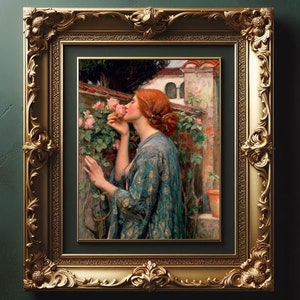 John William Waterhouse Rosens själ Romantik Kvinna som luktar rosblomma Trädgårdsmålning Väggkonst bild 3