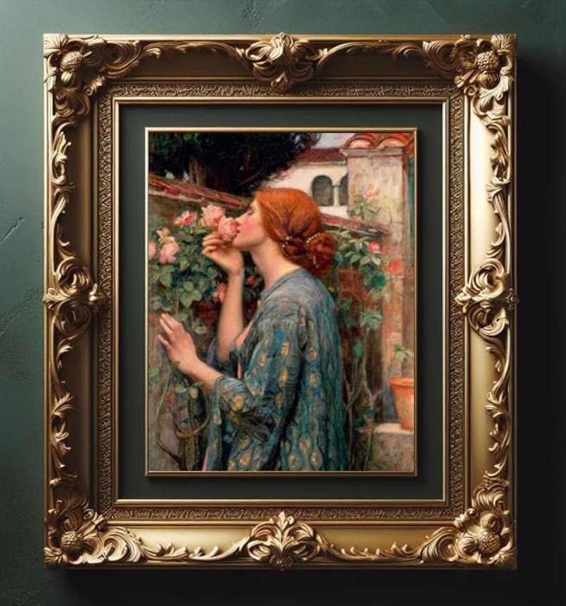 John William Waterhouse Rosens själ Romantik Kvinna som luktar rosblomma Trädgårdsmålning Väggkonst bild 3