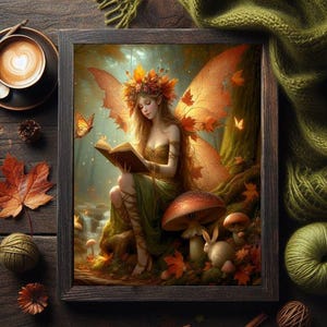 Herbst Fee auf Pilz sitzend, lesend, Zauberhafter Herbstwald Märchen Fairycore Kunstmalerei Poster Portrait Fotodruck