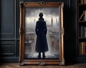 Sherlock Holmes on top of building on ledge over looking London, Reichenbach fall Detective Silhouette Painting Episode wall art print
