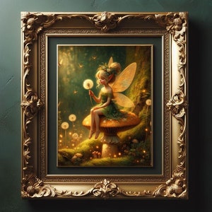 Op de afbeelding: Een fee met vleugels zit op een paddenstoel in een bosrijke omgeving. Ze houdt een paardenbloem vast en er zijn gloeiende lichten op de achtergrond.