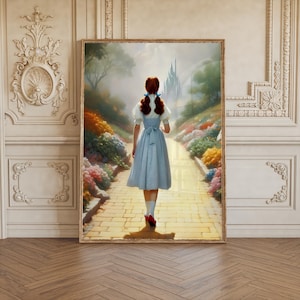 May include: A young girl in a blue dress walks down a yellow brick road towards a castle in the distance. The road is lined with colourful flowers and trees. The girl has red hair and is wearing red shoes.