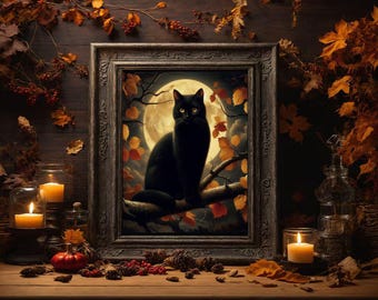 Black Cat sitting on a branch in front of a full Moon, Autumn Fall Halloween Dark academia Fantasy painting print wall art poster print