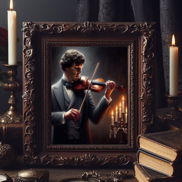 Sherlock Holmes Benedict Cumberbatch playing Violin in a suit with candlelight Painting art poster print