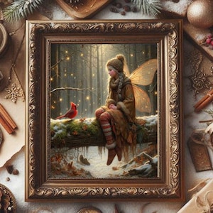 Weihnachts-Winter-Fee sitzend mit rotem Kardinalvogel, magische Fantasy-Märchen Fairycore Kunstmalerei-Plakatportraitfotodruck