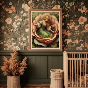 Hans Christian Andersen Thumbelina in a flower Fairy tale Vintage painting art wall decor nursery child room art poster photo picture print