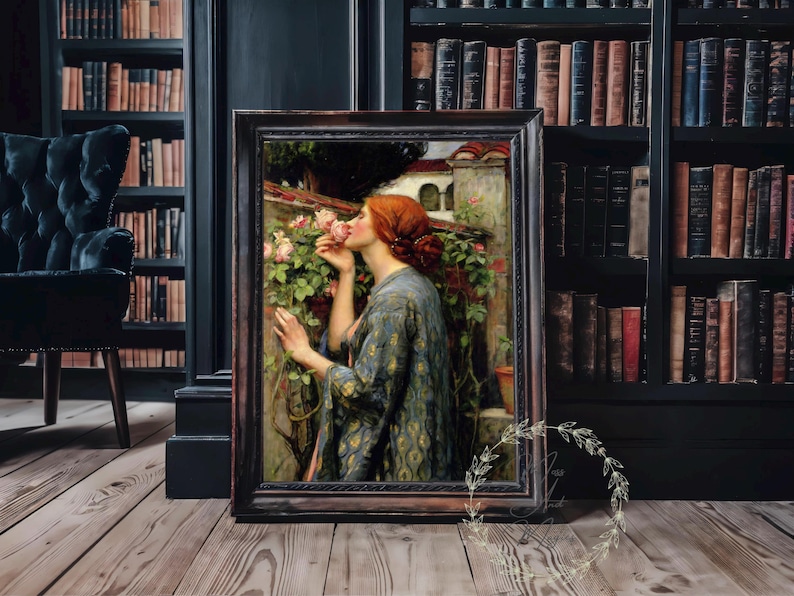 John William Waterhouse Rosens själ Romantik Kvinna som luktar rosblomma Trädgårdsmålning Väggkonst bild 1