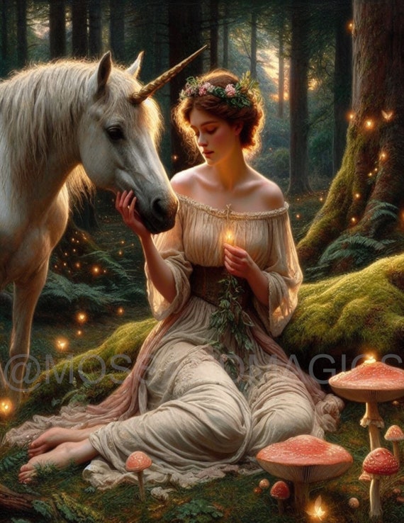 Unicorn Goddess Woman Red Mushroom Forest Fireflies Vintage John Waterhouse Style Painting Fantasy Fairy Tale Fairycore Art Picture Print Etsy