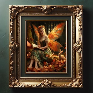 Hada de otoño sentada leyendo, fantasía mágica, bosque otoñal, cuento de hadas, arte caprichoso, pintura, póster, retrato, foto, imagen, impresión