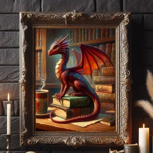 Little Baby Red Magical Libru Dragon Fire Dragon Coffee Bücher Vintage Dark Academia Stil des 18.Jahrhunderts Fantasy Kunst Porträt Poster Druck