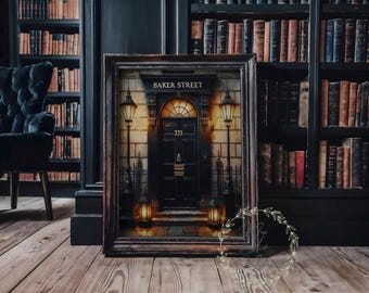 Sherlock Holmes 221 B Baker Street Door, London Detective, Night Lanterns vintage Arthur Conan Doyle Book Painting art print