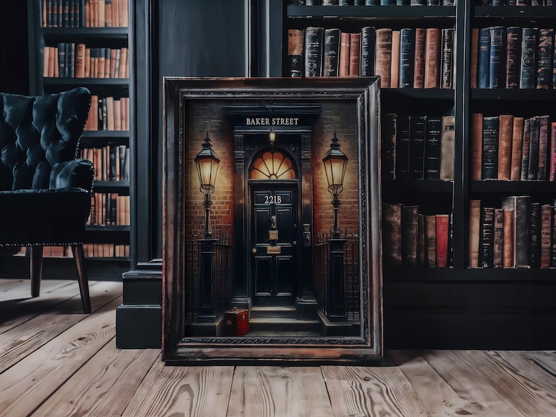 Sherlock Holmes 221 B Baker street Door London town Detective Night lanterns vintage Painting art print image 1