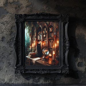 May include: A black cat sits in a dimly lit room with a bookshelf filled with books and candles. A crystal ball sits on a table in front of the cat.