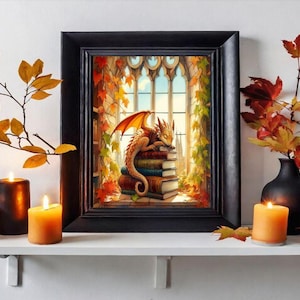 Herbst Bibliothek Drache schlafend in der Kathedrale Fenster, Bücher Vintage Mittelalter Malerei Fantasy Herbst Wandkunst Porträt Plakat Aquarelldruck