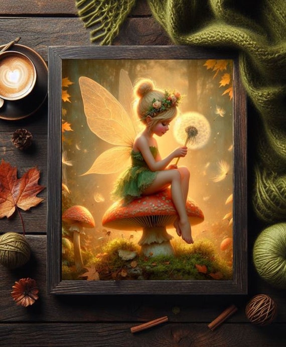 キノコの上にタンポポを持って座っている森の妖精、ティンカーベルの