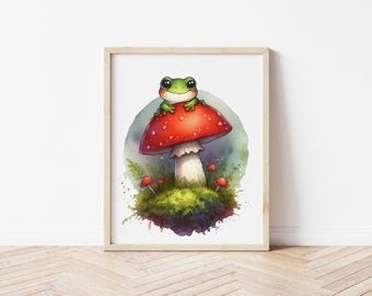 Cute Tree Frog on a toadstool wall art Mushroom moss watercolor painting picture Matte print