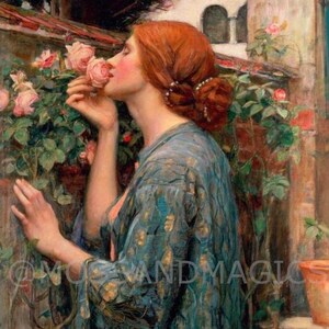 John William Waterhouse Rosens själ Romantik Kvinna som luktar rosblomma Trädgårdsmålning Väggkonst bild 2