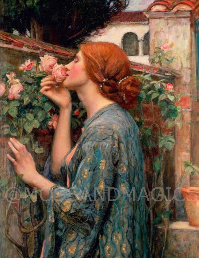 John William Waterhouse Rosens själ Romantik Kvinna som luktar rosblomma Trädgårdsmålning Väggkonst bild 2