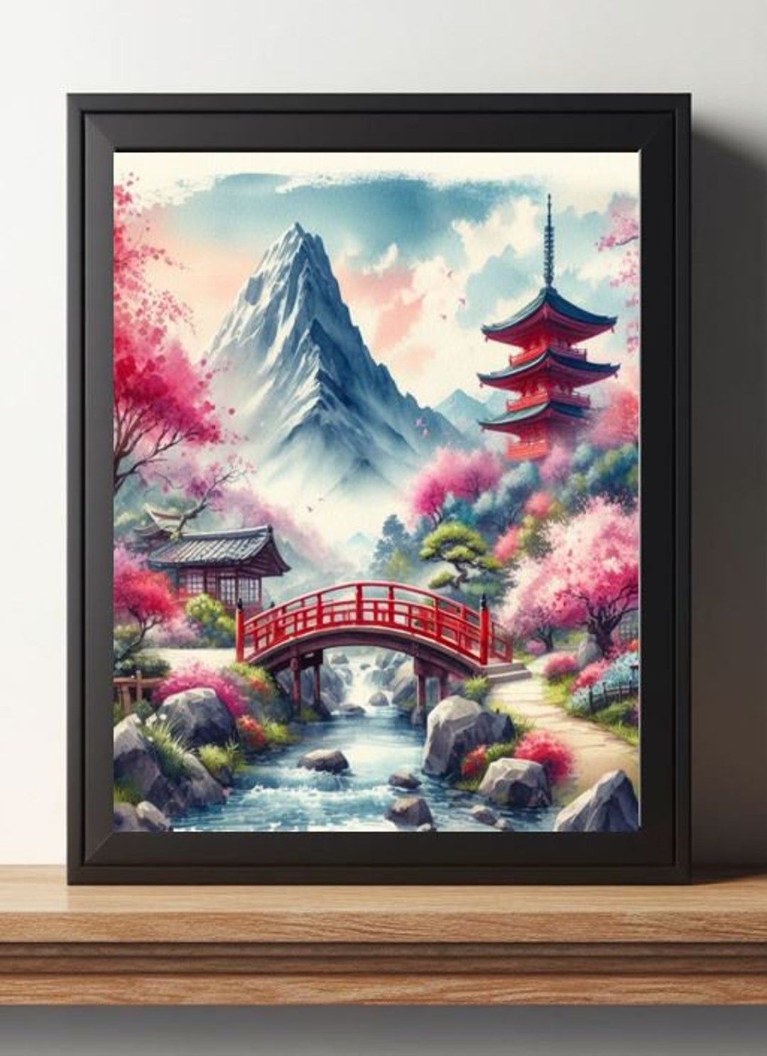 Japanese Pink Cherry Tree Sakura Blossom Red Bridge Village Temple ...