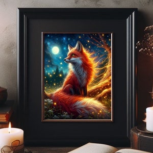 May include: A fiery orange fox sits on a branch in a forest at night. The fox is surrounded by glowing fireflies and a full moon shines in the sky.