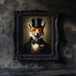 May include: A painting of a fox wearing a top hat and bow tie. The fox is dressed in a suit and has a rose in its lapel. The painting is framed in a black frame.