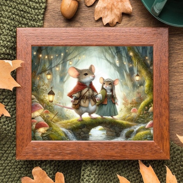 Magical Forest Adventure Field Mouse, Mice, Lantern bridge, Woodland creatures Vintage art Watercolor painting print poster picture portrait