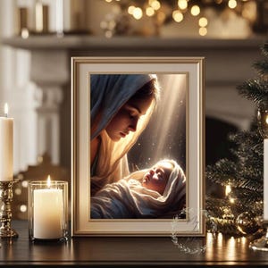 Die Liebe einer Mutter, Mary & Baby Jesus, Krippenkrippe, Retter Weihnachtswandkunst Religiöses Urlaub Dekor Porträt Poster Malerei Matt Druck