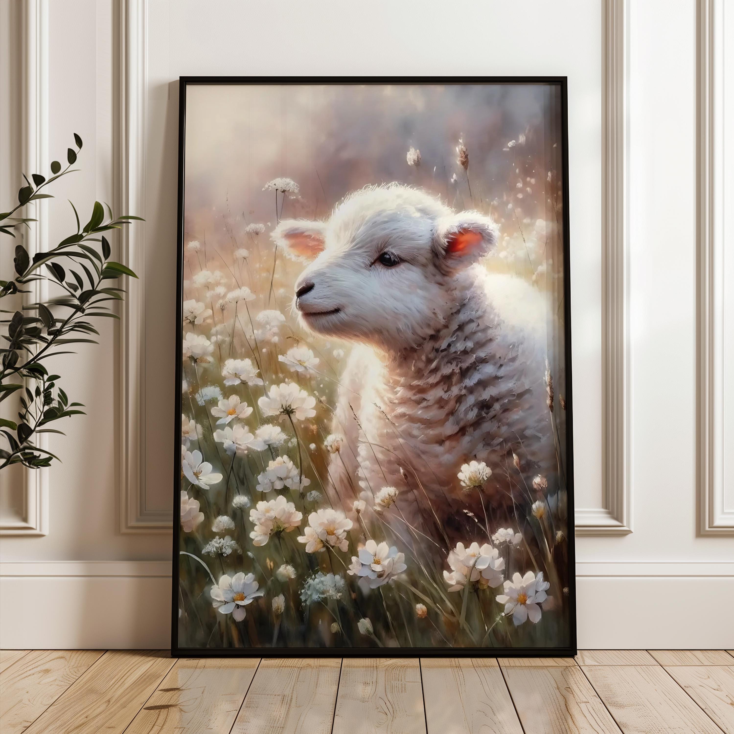 Lamb in Spring Flower Meadow, Farmhouse Cottagecore Rustic Country ...