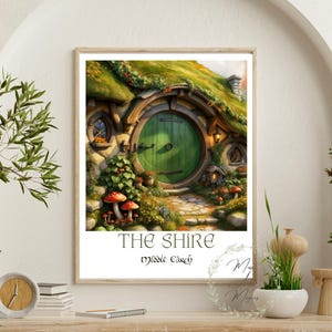 La Comarca Tierra Media Hobbit Puerta verde Agujero choza Hogar El Señor de los Anillos Árbol Flores Pintura de fantasía Arte de pared Póster de viaje impresión