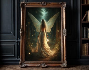 Älva som vandrar i mörk skog, Fairycore Fantasy Nyckfull Vintage Stämningsfull Dark Academia porträttmålning väggkonst Matttryck