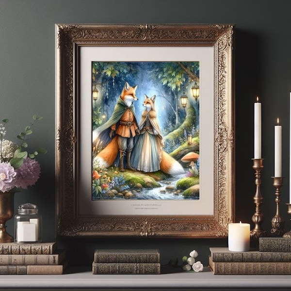 Magical Forest Red foxes Robin Hood in enchanted forest Woodland creatures vintage art watercolor painting print poster picture portrait