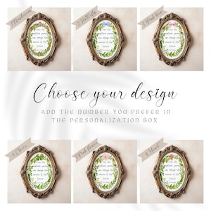 May include: Six framed art prints are displayed, each with a gold-coloured oval frame. Designs include a mushroom, butterfly, pink bow, clover, pink flower, and heart. The text "Choose your design" is also visible in the image.
