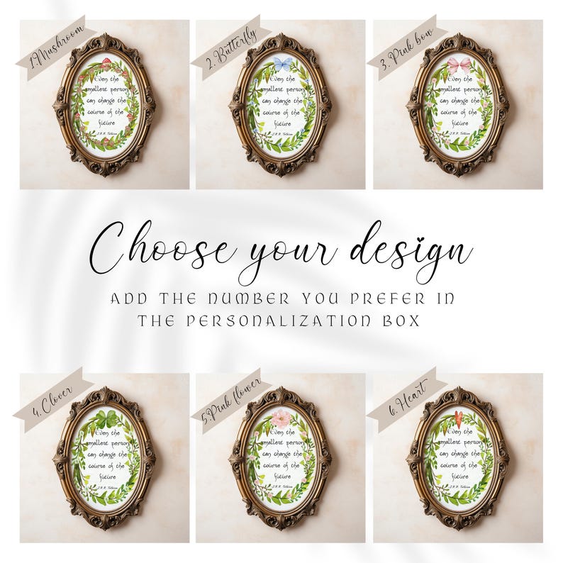 Op de afbeelding: Afbeelding met zes ingelijste kunstprints met verschillende ontwerpen: paddenstoel, vlinder, roze strik, klaver, roze bloem en hart. Elk frame heeft een goudkleurige ovale vorm. De tekst "Choose your design" is ook zichtbaar.