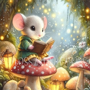 Mouse Sitting on a Mushroom Reading a Book in Forest Vintage Whimsical ...