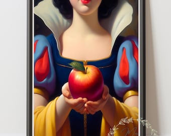 Królewna Śnieżka z jabłkiem Bajka Księżniczka fantasy Sztuka ścienna Plakat z obrazem dekoracyjnym Cottagecore Matowy wydruk portretowy
