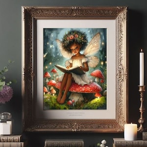 Beautiful forest black African Fairy Girl sitting mushroom reading painting Fantasy Fairy tale Whimsical art picture Watercolor print