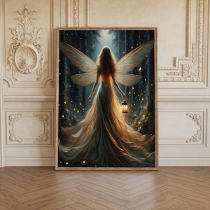 Fairy walking in dark Forest, Fairycore Fantasy Whimsical Vintage Moody Dark Academia portrait picture painting wall art Matte print