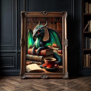 Grün Magische Bibliothek Drachen Baby, Kaffee Bücher Vintage Dark Academia Stil Malerei Fantasy Kunst Porträt Poster Matt Druck