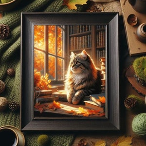 Gato atigrado persa esponjoso de color marrón, en una ventana otoñal con luz solar y libros, pintura impresa, arte de pared, imagen, foto, póster, retrato