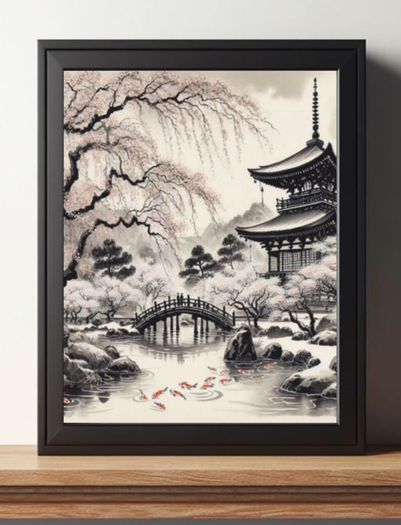 Japanese Pink Cherry Tree Sakura Blossom Bridge Village Temple ...