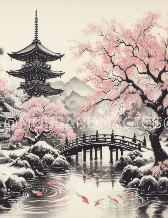 Japanese Pink Cherry Tree Sakura Blossom Bridge Village Temple