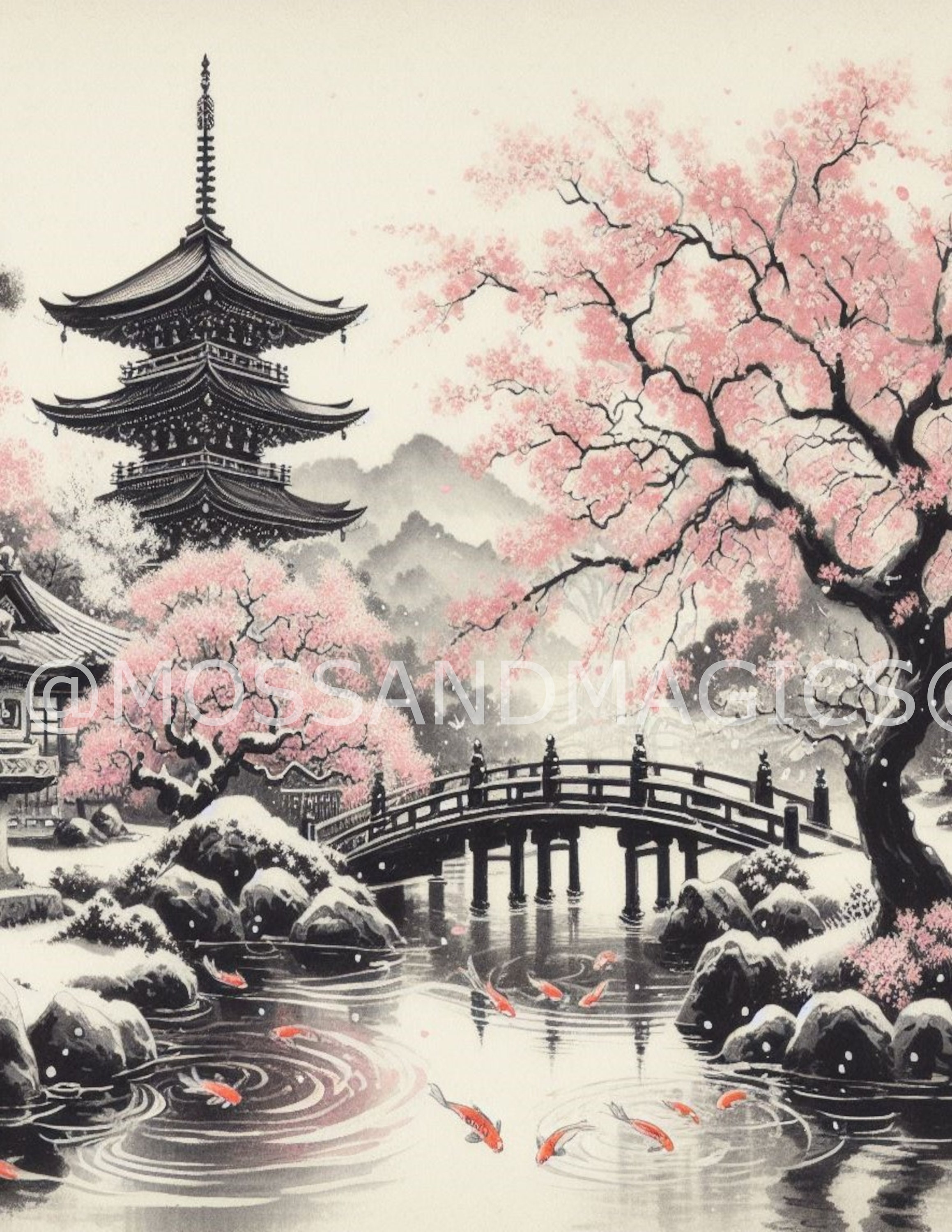 Japanese Pink Cherry Tree Sakura Blossom Bridge Village Temple