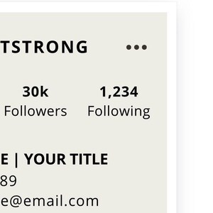 May include: A social media profile for a fitness brand called "FITSTRONG". The profile has 30,000 followers and 1,234 people following. The profile includes a photo of a woman with dark curly hair, a phone number, an email address, and a website address. The profile also includes a grid of photos of women doing different types of exercise.